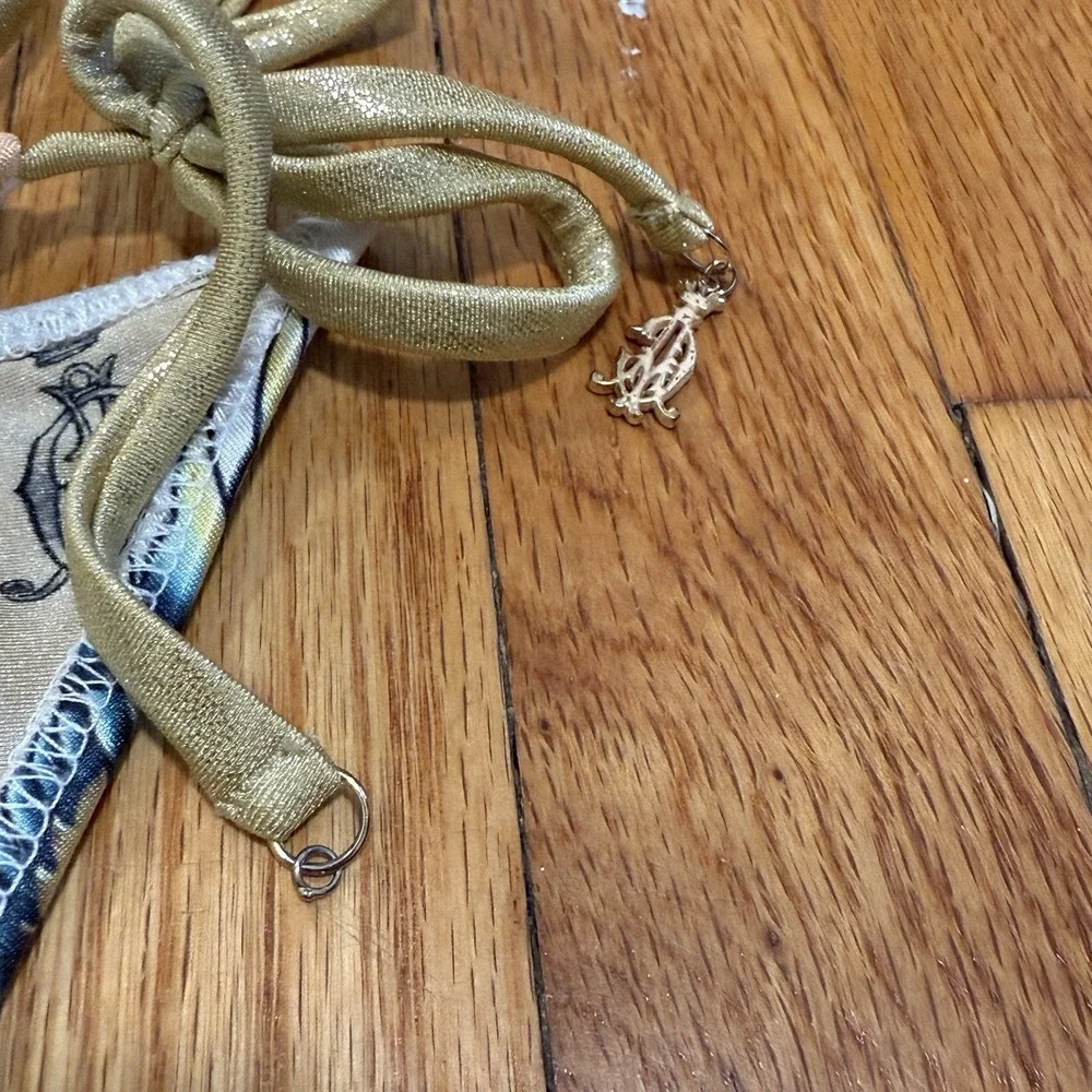 Christian Audigier Y2K Rhinestone Bird Print String Triangle Bikini Size Small - Picture 2 of 9